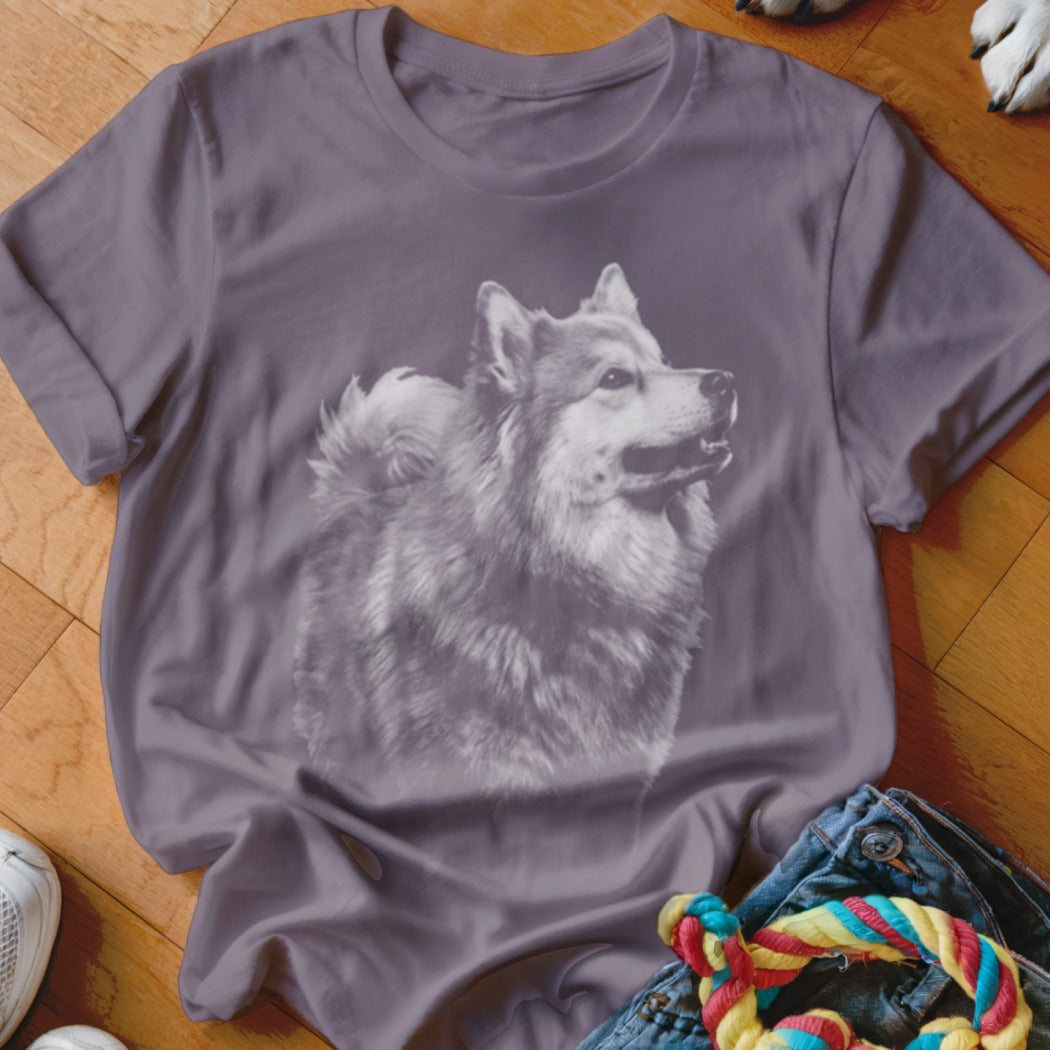 T-shirt with a charcoal drawing of a dog's head and chest.