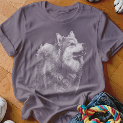 T-shirt with a charcoal drawing of a dog's head and chest.