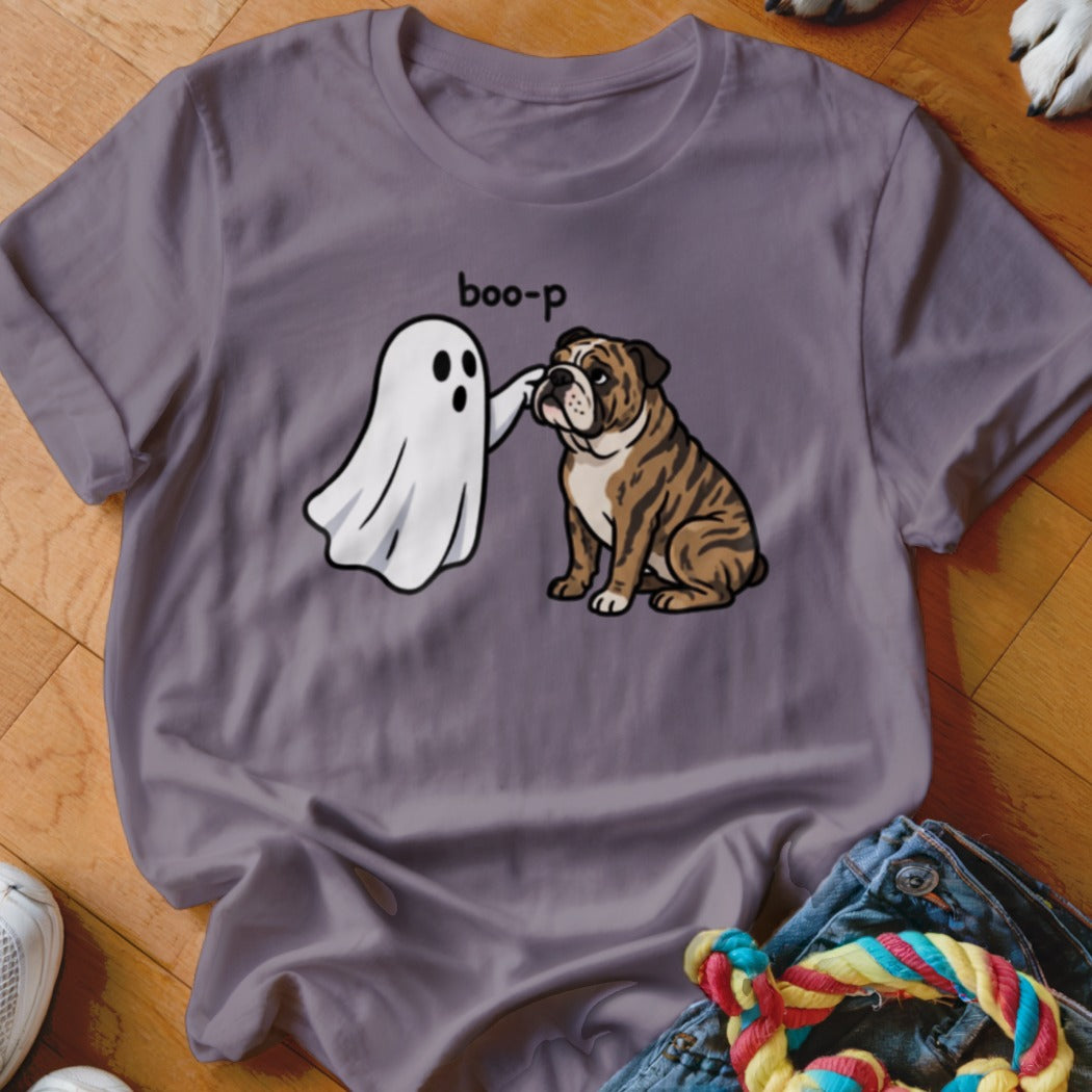 Ghost touching a bulldog's nose with the text "boo-p".