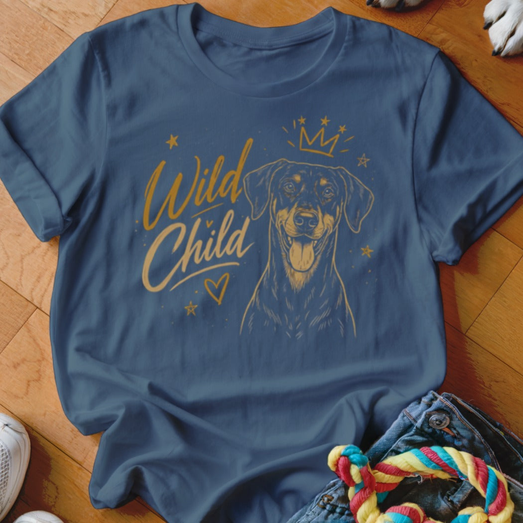 Blue t-shirt with dog wearing crown and "Wild Child" text.