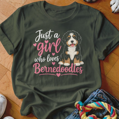 Olive green t-shirt with "Just a girl who loves Bernedoodles" and a Bernedoodle dog illustration.