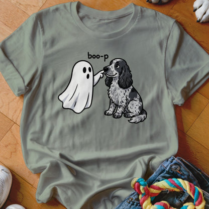 Ghost boops a black and white dog on the nose with the text "boo-p".