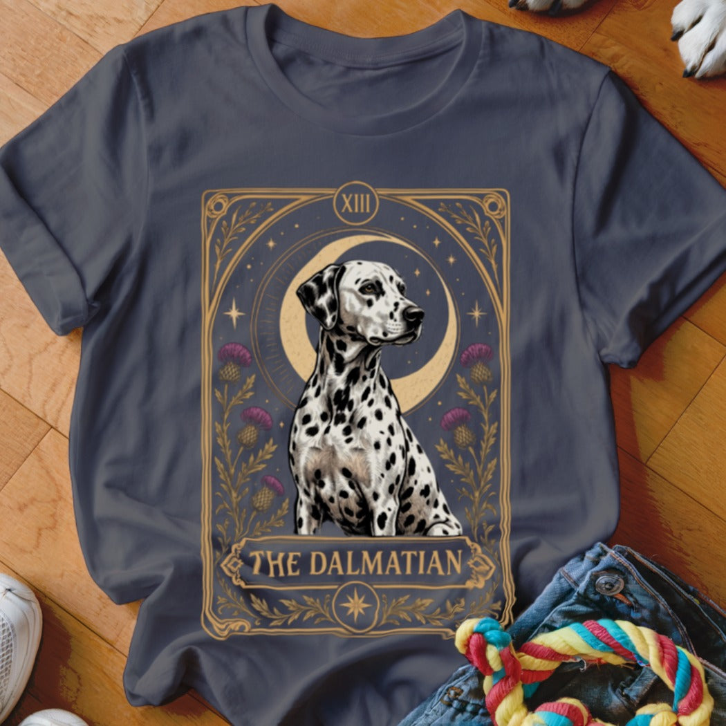 A dark gray t-shirt featuring a tarot card graphic of a dalmatian with text reading The Dalmatian.