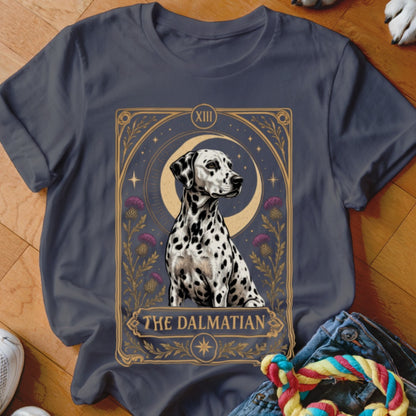 A dark gray t-shirt featuring a tarot card graphic of a dalmatian with text reading The Dalmatian.
