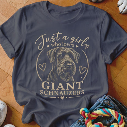Dark grey t-shirt featuring a graphic of a Giant Schnauzer surrounded by hearts and text.