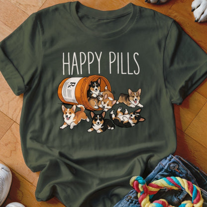 Shirt with "HAPPY PILLS" text and a bottle spilling out several corgi puppies.