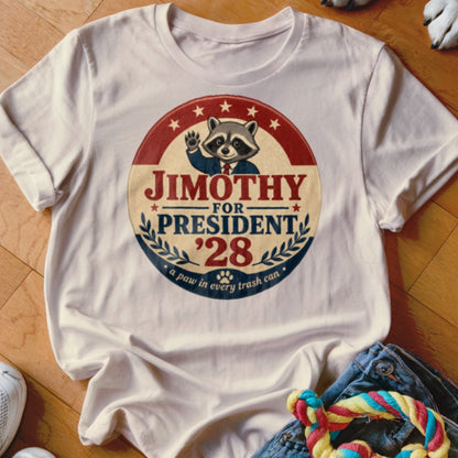 Jimothy for President '28 raccoon campaign graphic on white t-shirt.