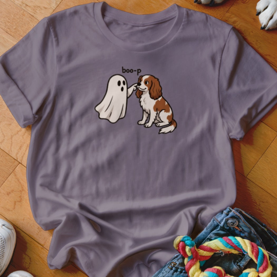 Ghost booping a dog with text "boo-p" on a purple t-shirt.