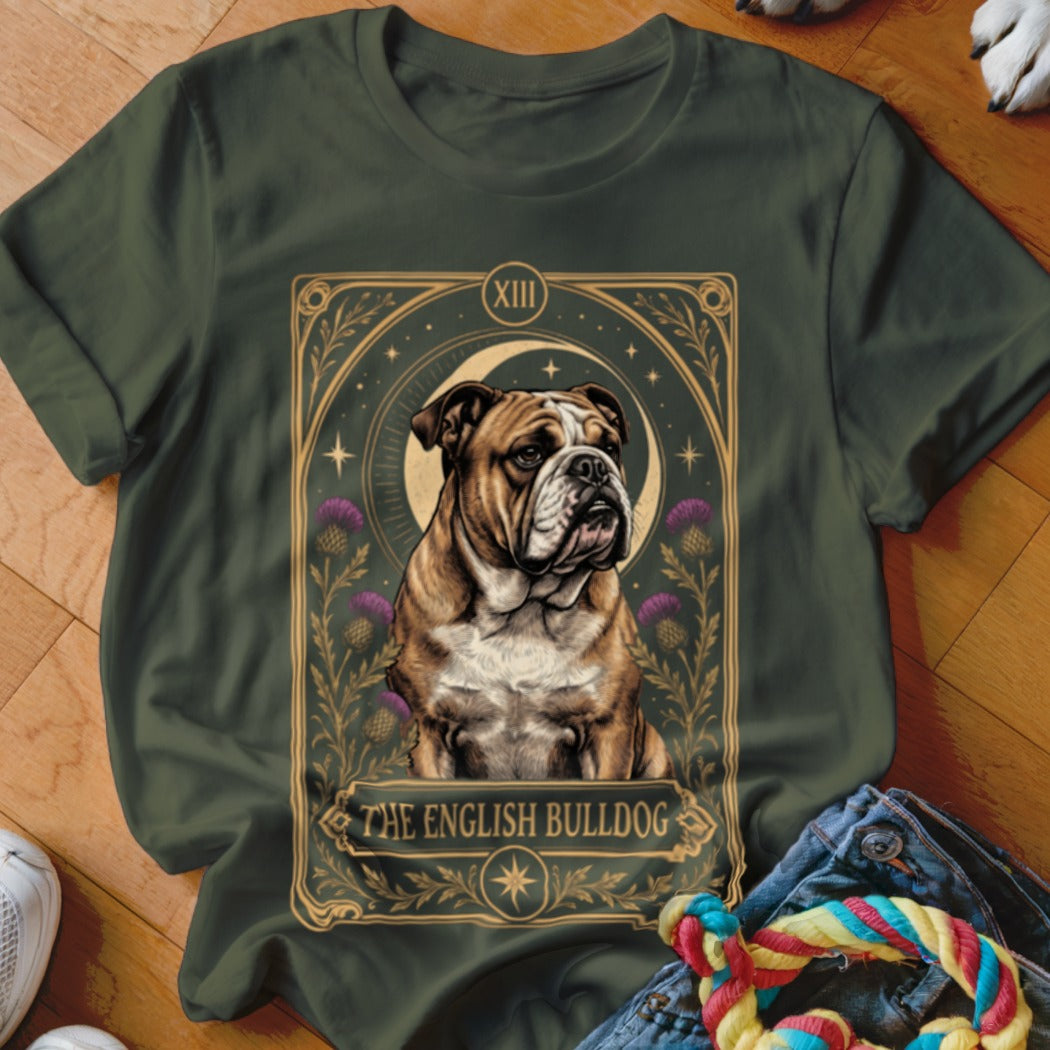 Dark green t-shirt featuring an ornate tarot card graphic of an English bulldog with thistles.