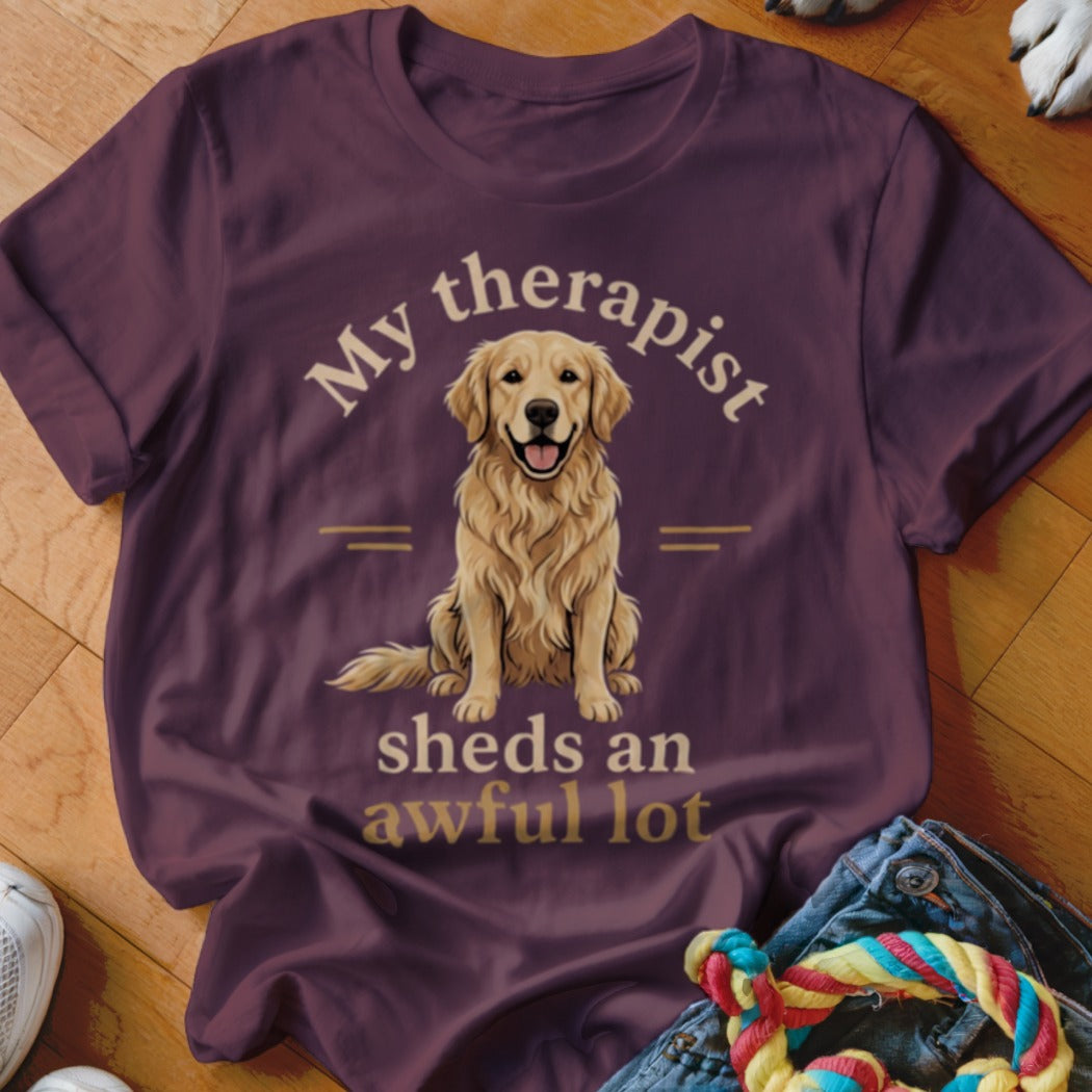 T-shirt with a golden retriever and text "My therapist sheds an awful lot."