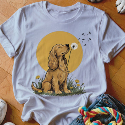 White t-shirt featuring an illustration of a golden puppy blowing dandelion seeds against a yellow sun.