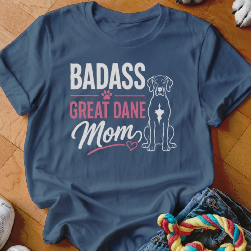 "Badass Great Dane Mom" text with a Great Dane illustration on a navy blue t-shirt.
