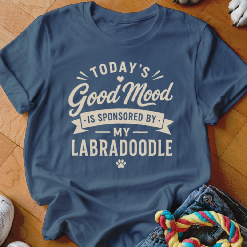 Blue t-shirt with white text: "Today's Good Mood is Sponsored by My Labradoodle"