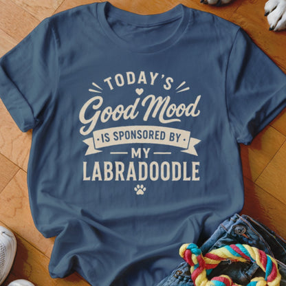 Blue t-shirt with white text: "Today's Good Mood is Sponsored by My Labradoodle"
