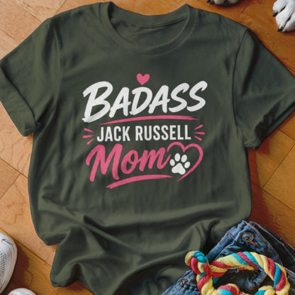 Dark green t-shirt with "Badass Jack Russell Mom" text and a paw print heart.