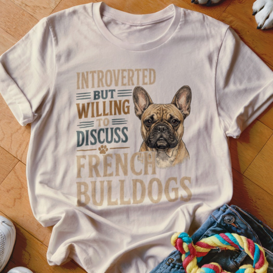 T-shirt with "Introverted but willing to discuss French Bulldogs" text and French Bulldog illustration.