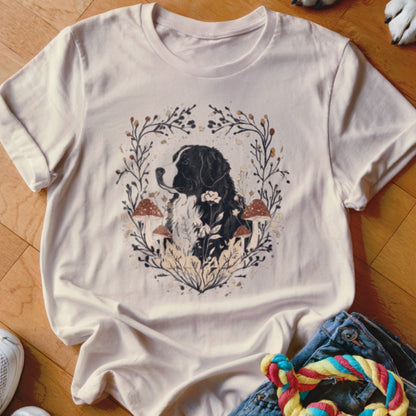 Cream t-shirt featuring a graphic of a Bernese Mountain Dog surrounded by botanical elements and mushrooms.