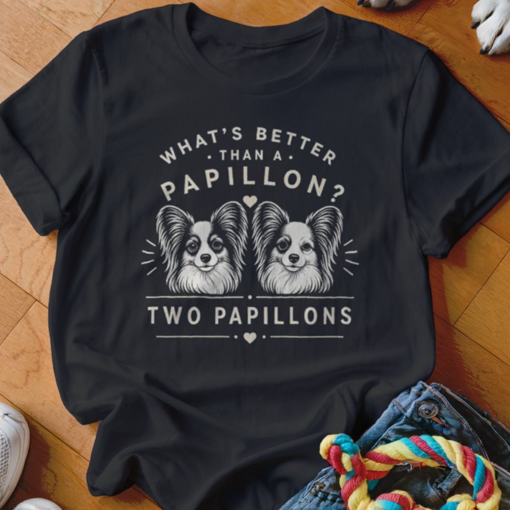 Black t-shirt with two Papillons and text "What's Better Than a Papillon? Two Papillons".