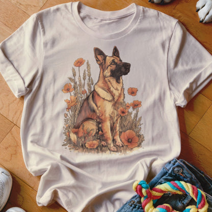 German Shepherd dog sitting among poppies on a light-colored t-shirt.