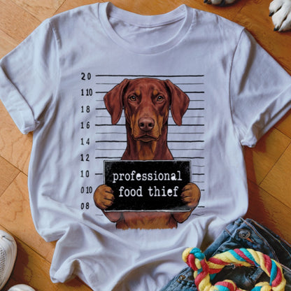 White t-shirt with a dog mugshot graphic reading "professional food thief".