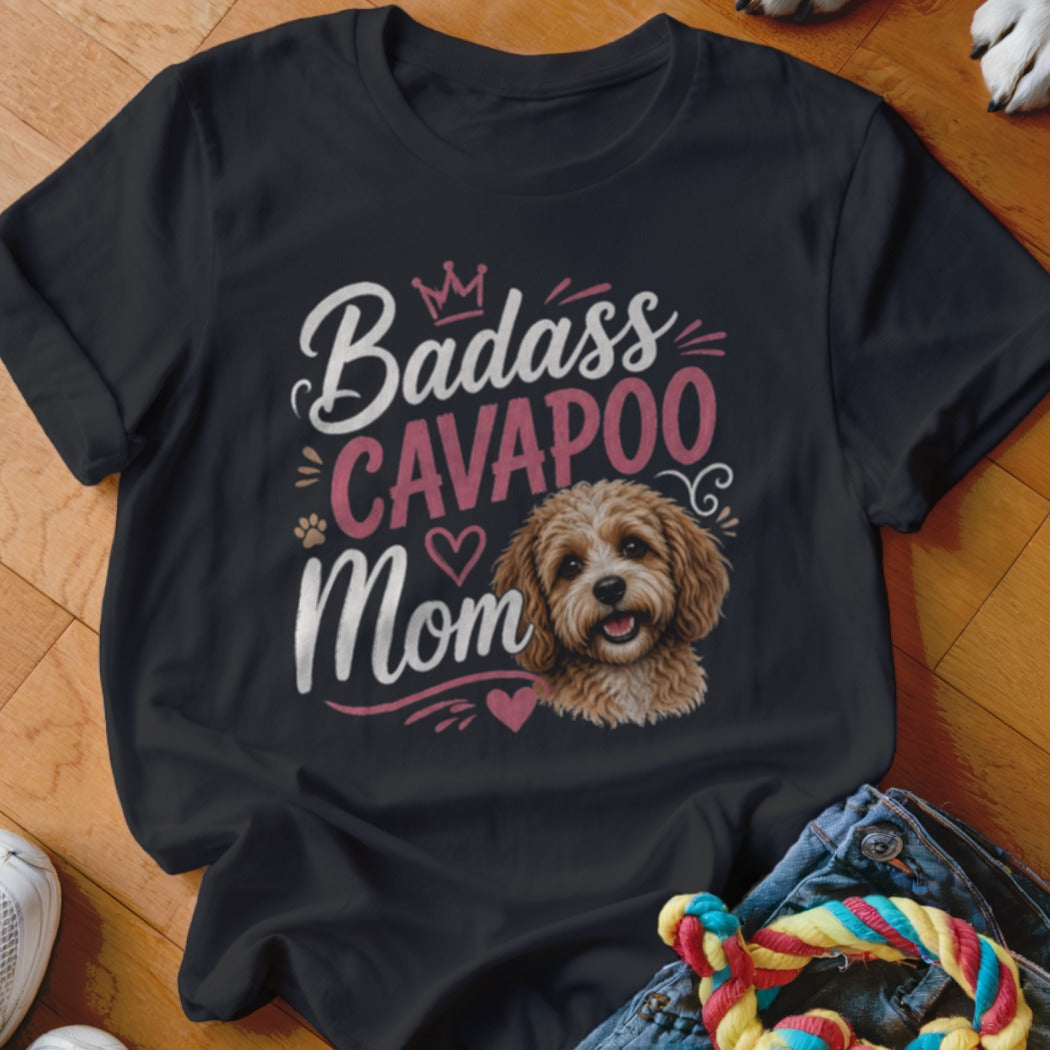 Black t-shirt with "Badass Cavapoo Mom" text and a Cavapoo dog illustration.