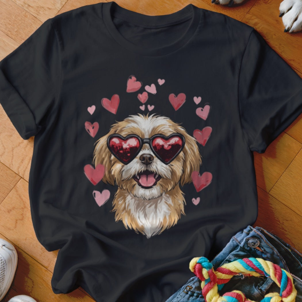 A black t-shirt features a graphic of a shaggy dog wearing heart-shaped sunglasses surrounded by floating pink hearts.