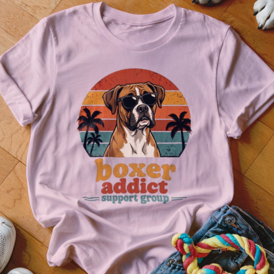 Light pink t-shirt featuring a retro sunset graphic with a Boxer dog wearing sunglasses and palm trees.
