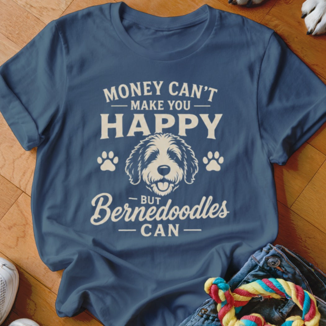 Blue t-shirt with text "Money can't make you happy but Bernedoodles can" and dog illustration.