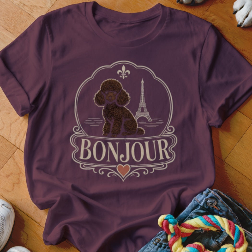 Maroon t-shirt with Bonjour Paris poodle graphic and Eiffel Tower.