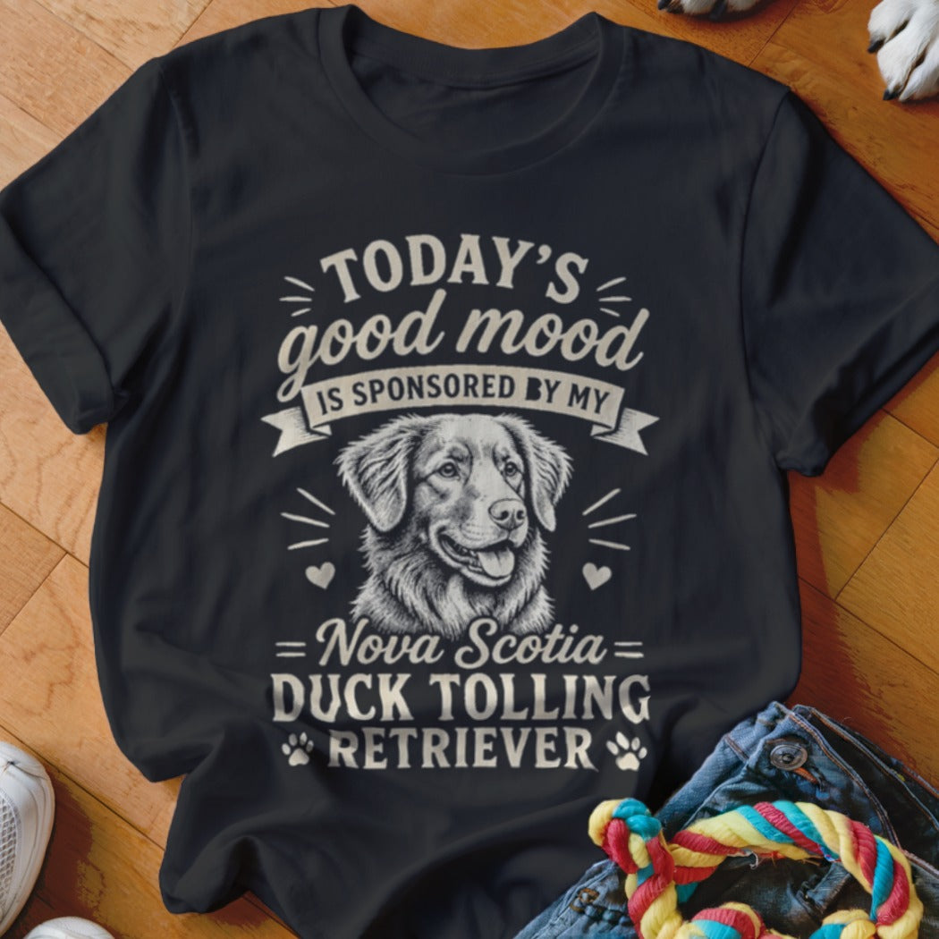 Black t-shirt with "Today's good mood is sponsored by my Nova Scotia Duck Tolling Retriever" text.