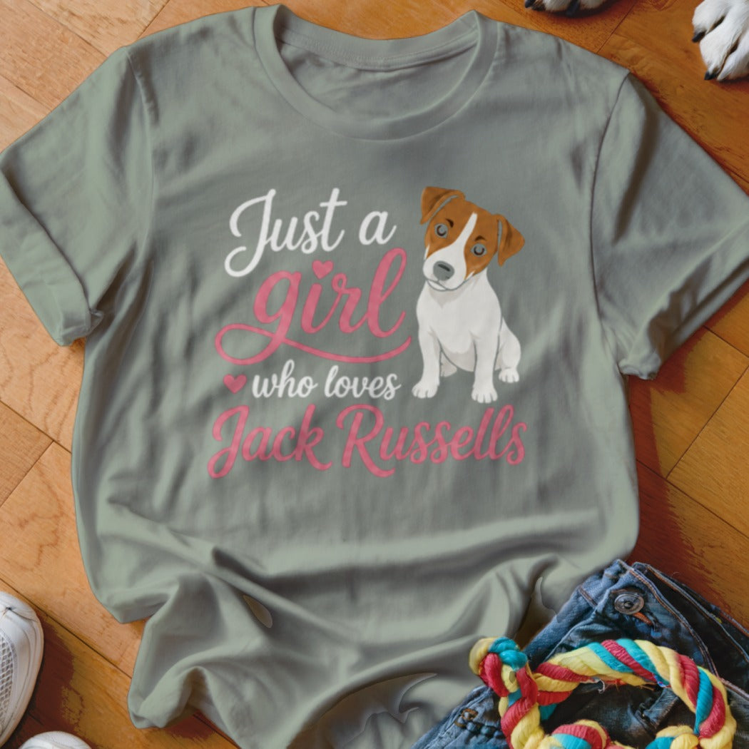 Grey t-shirt with text "Just a girl who loves Jack Russells" and a dog illustration.
