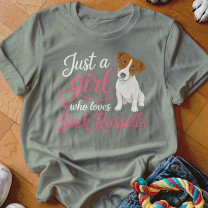 Grey t-shirt with text "Just a girl who loves Jack Russells" and a dog illustration.