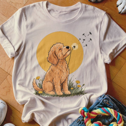 Light pink t-shirt featuring an illustration of a golden puppy blowing dandelion seeds against a yellow circle.
