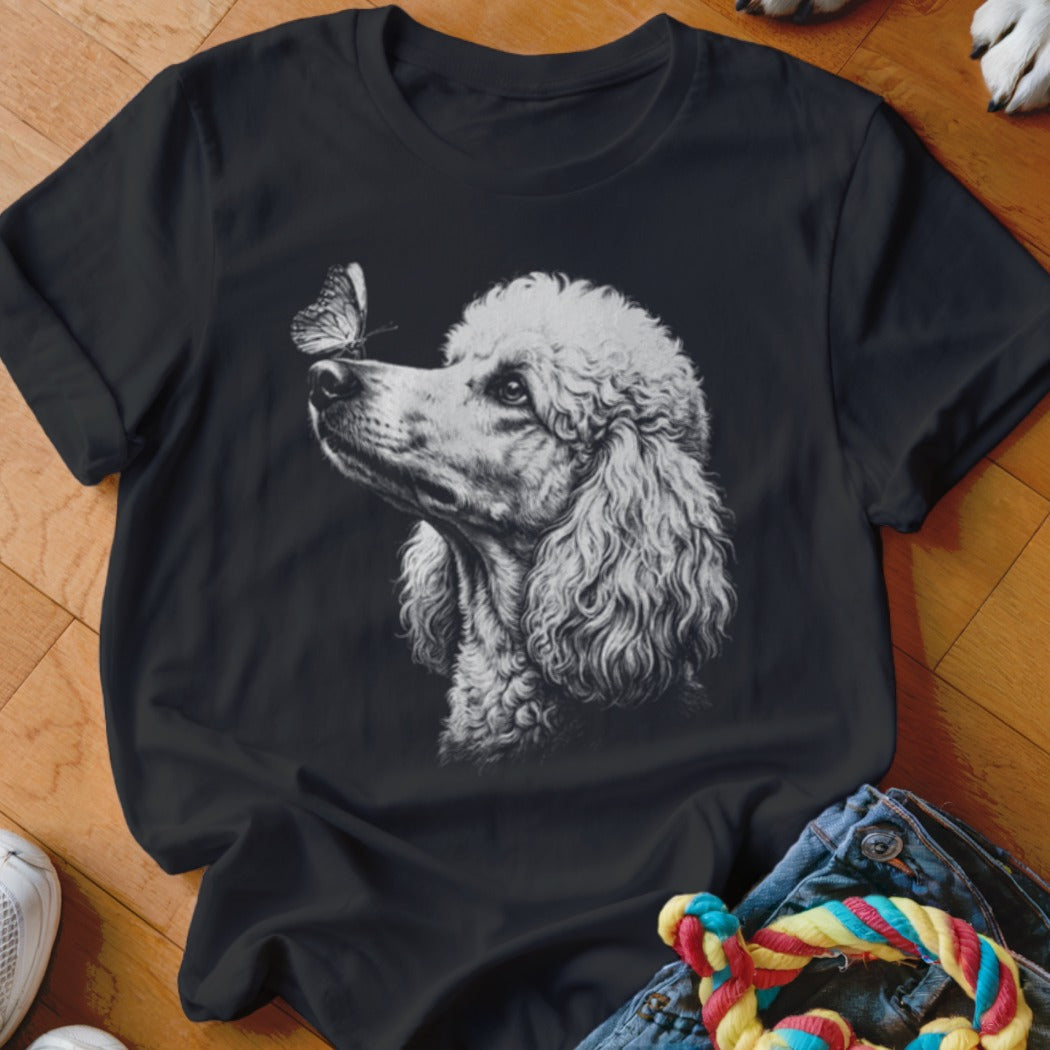 A black t-shirt featuring a graphic of a white poodle looking at a butterfly on its nose.