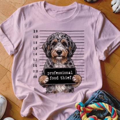 Pink t-shirt with a dog mugshot holding a "professional food thief" sign.