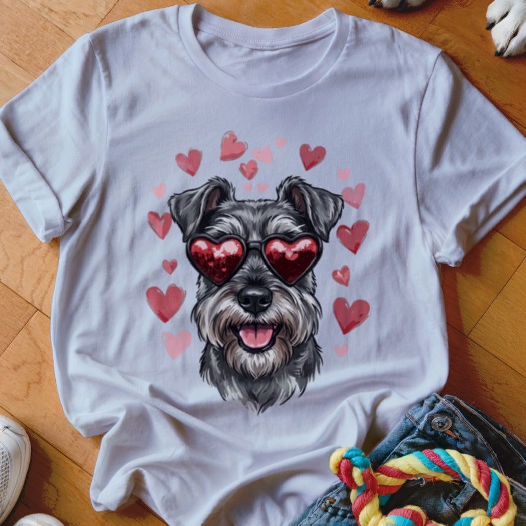 A white crewneck t-shirt featuring a graphic of a Schnauzer wearing red heart sunglasses surrounded by floating pink hearts.