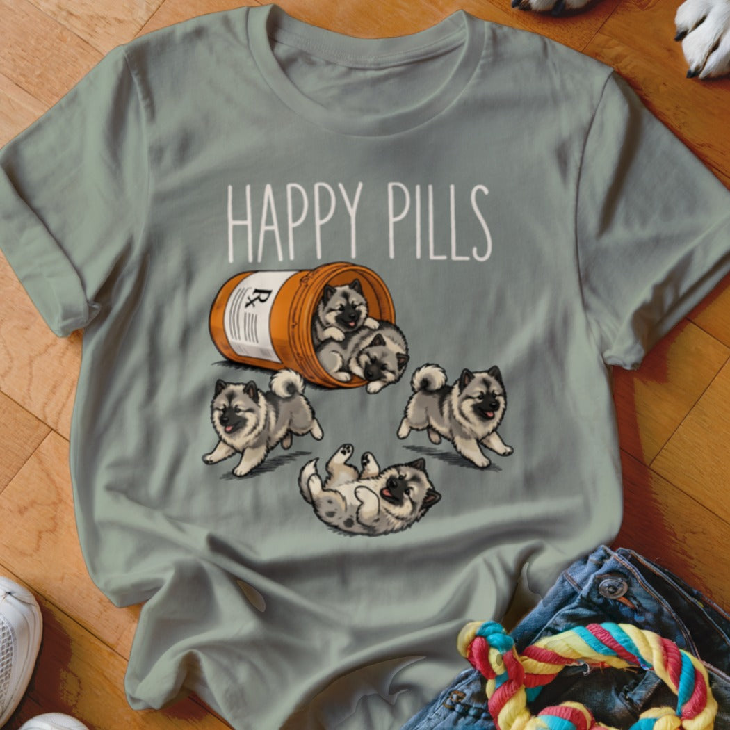 "Happy Pills" text above a prescription bottle spilling out fluffy puppies.