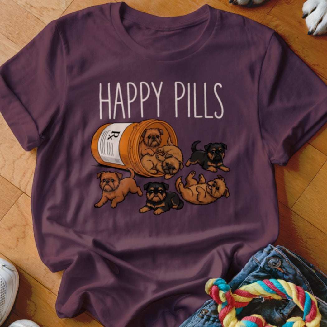 T-shirt with "HAPPY PILLS" text and a pill bottle overflowing with puppies.