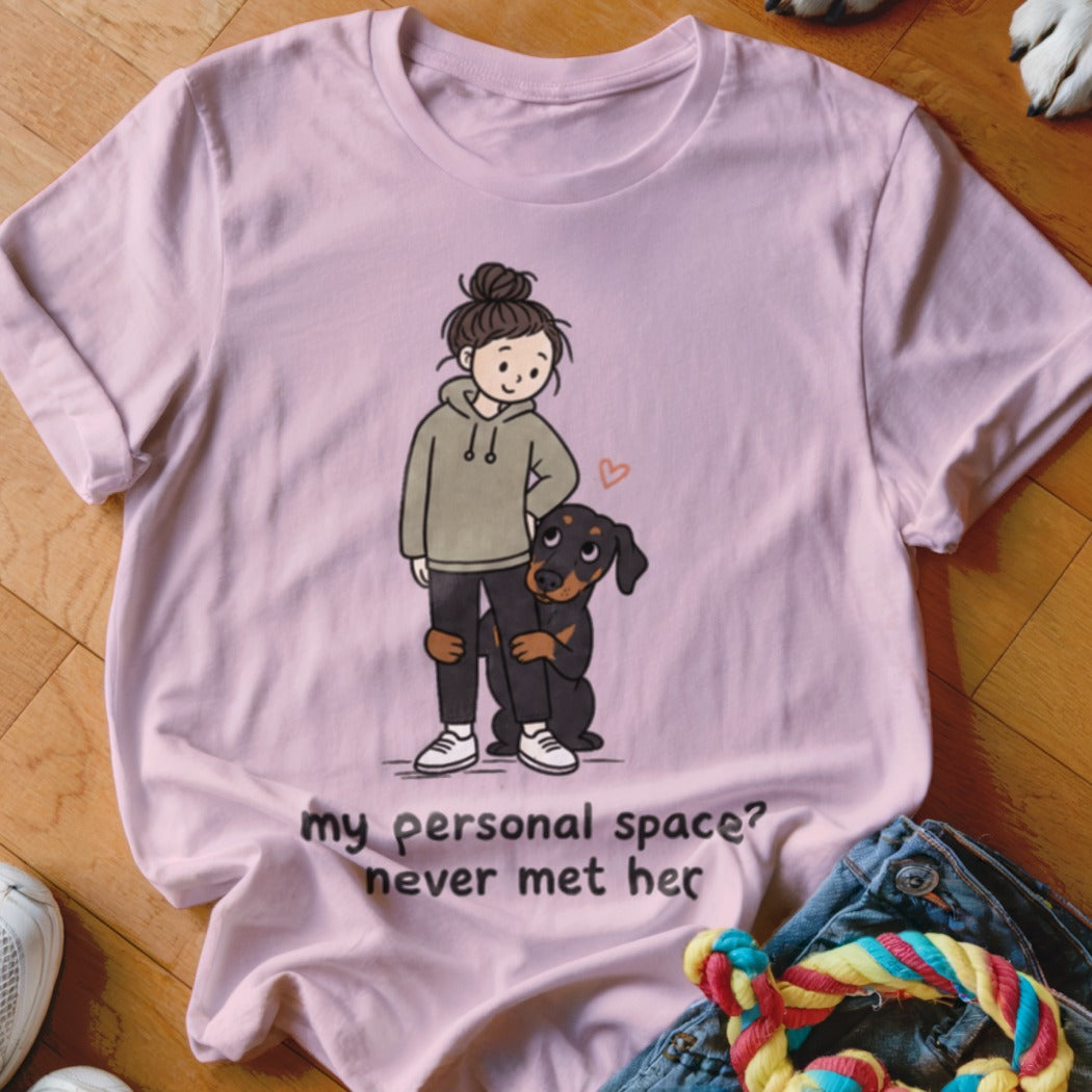 Illustration of a person and a dog with text "my personal space? never met her".