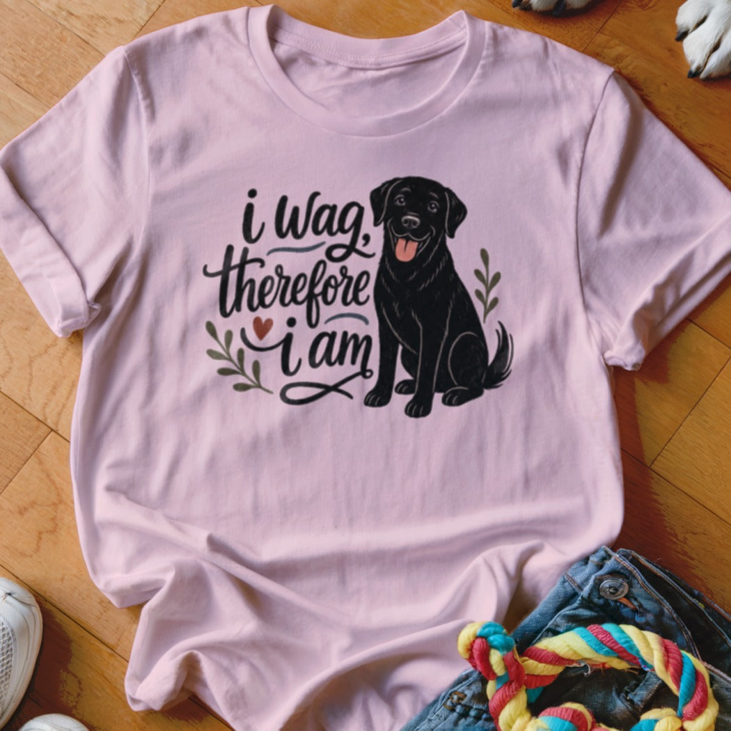 Pink t-shirt with black Labrador and text "i wag, therefore i am".