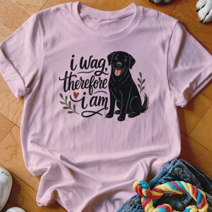 Pink t-shirt with black Labrador and text "i wag, therefore i am".