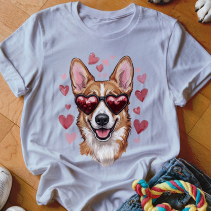 A white t-shirt featuring a Corgi wearing heart-shaped sunglasses surrounded by floating pink hearts.