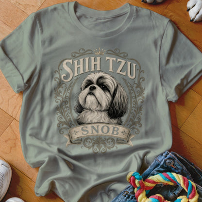 Light grey t-shirt with Shih Tzu portrait and "Snob" text.