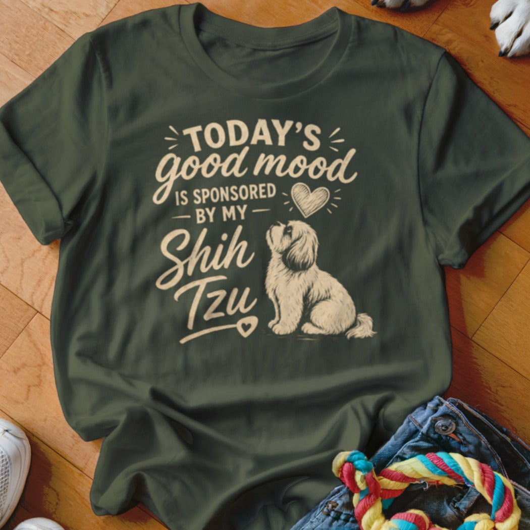 Green t-shirt with text "Today's good mood is sponsored by my Shih Tzu" and dog graphic.