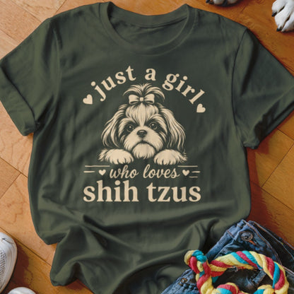 Dark green t-shirt with "just a girl who loves shih tzus" and a shih tzu graphic.
