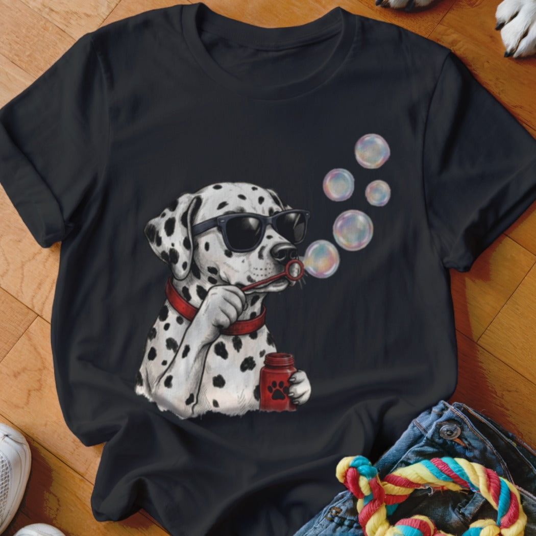 A black t-shirt features a graphic of a Dalmatian wearing sunglasses and blowing bubbles.