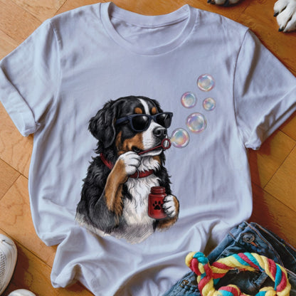 A white t-shirt featuring an illustration of a Bernese Mountain Dog wearing sunglasses and blowing soap bubbles.