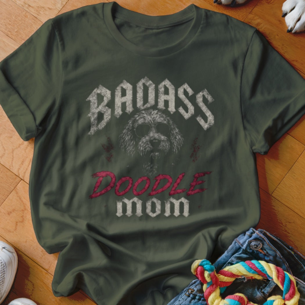 Green t-shirt with "Badass Doodle Mom" text and a doodle dog wearing sunglasses.