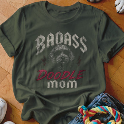 Green t-shirt with "Badass Doodle Mom" text and a doodle dog wearing sunglasses.