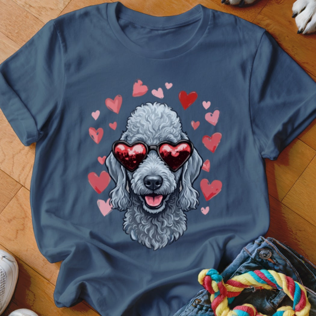 Dark blue t-shirt featuring a graphic of a grey poodle wearing heart-shaped sunglasses surrounded by pink hearts.